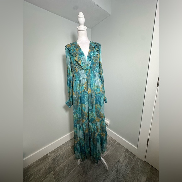 NEW Anthropologie The Odetta Ruffled V-Neck‎ Maxi LS flowy Dress Teal Size  M - Picture 5 of 17